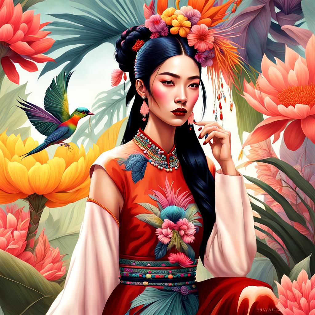 Asian Woman in Colorful Hand-Dyed Clothes, Digital Painting