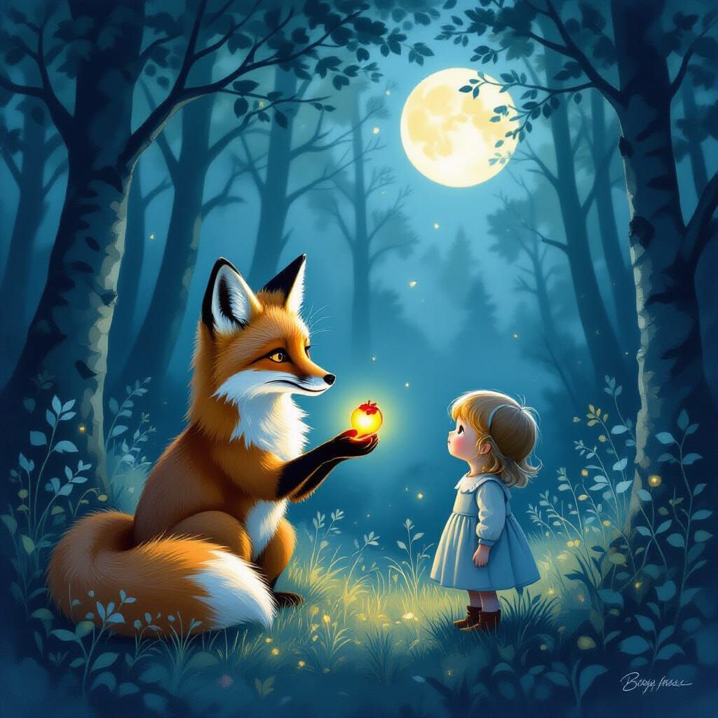 Fox Offers Glowing Berry to Lost Child in Moonlit Forest