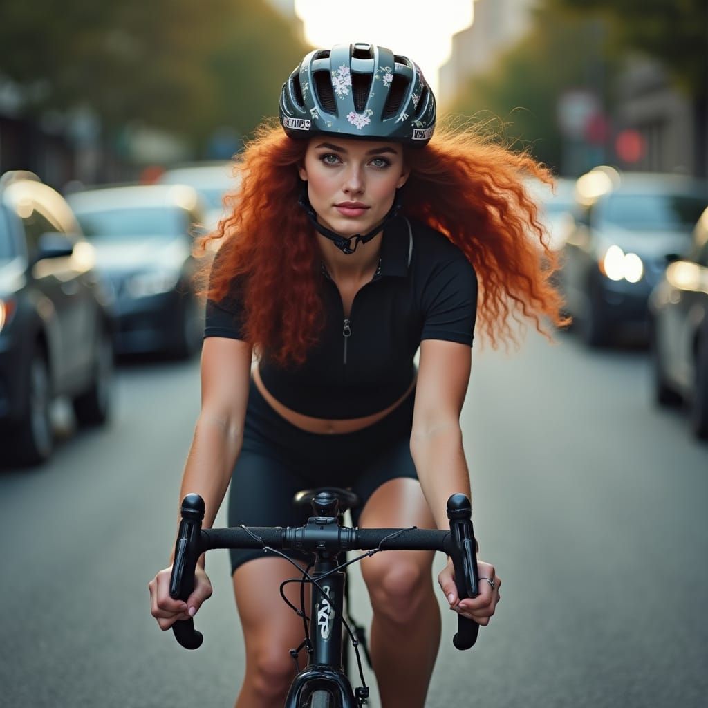 Bike Messenger with Flowing Red Hair in Moody Cityscape