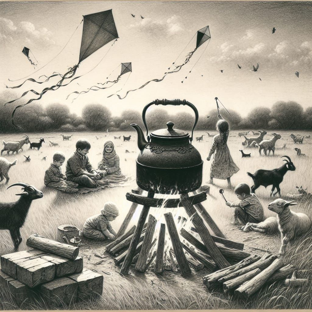 Pastoral Scene in Charcoal with Kettle, Kites and Goats