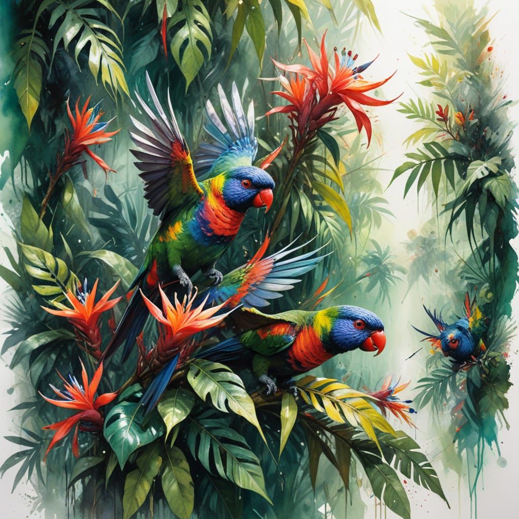 Rainbow Lorikeets in Hyperrealistic Jewel-Tone Rainforest