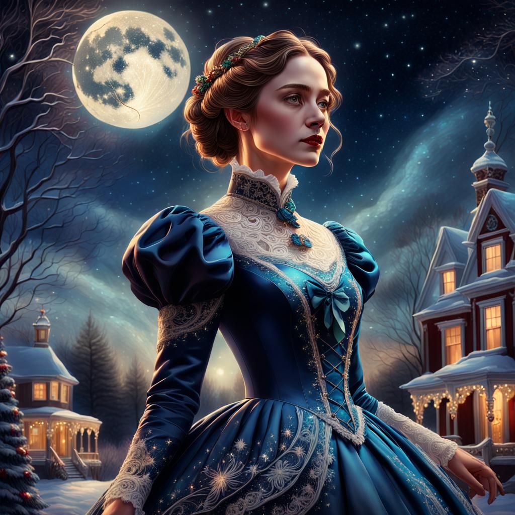 Victorian Woman in Starry Night Landscape: Hyperrealistic Co...