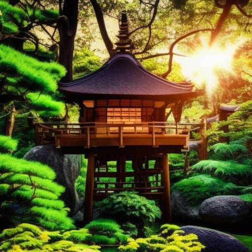 Treehouse in Japanese Garden with Wildlife