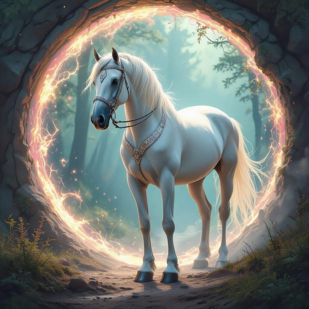 Cosmic White Horse at Portal in Digital Painting