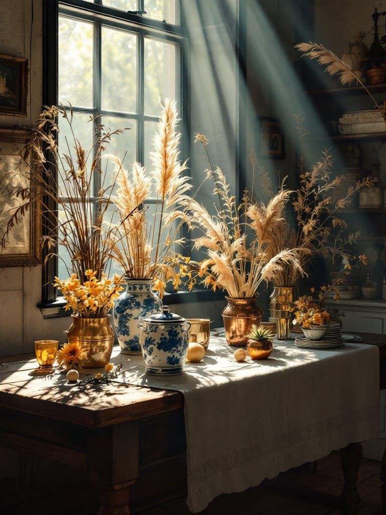 Floral Still Life with God Rays: Hyperreal Painting