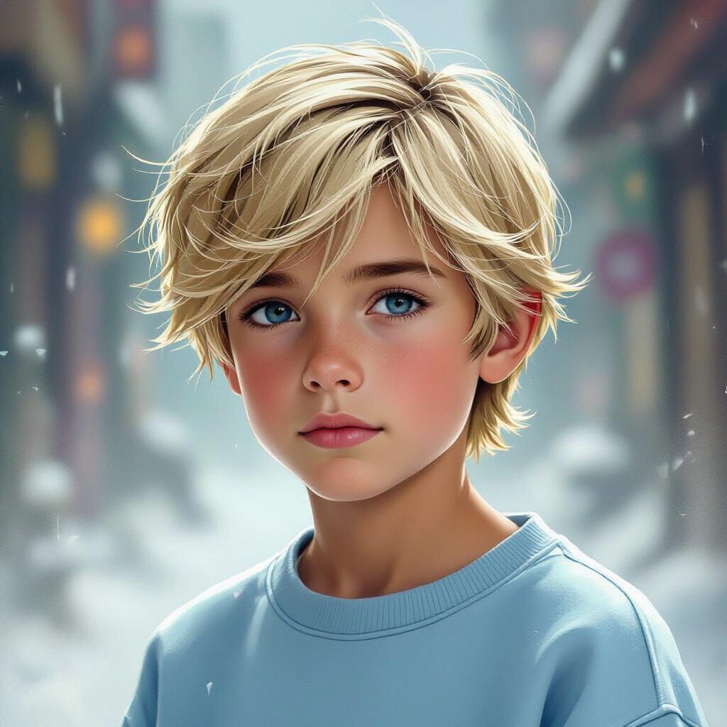 Hyperrealistic Portrait of Boy in Blue Sweatshirt