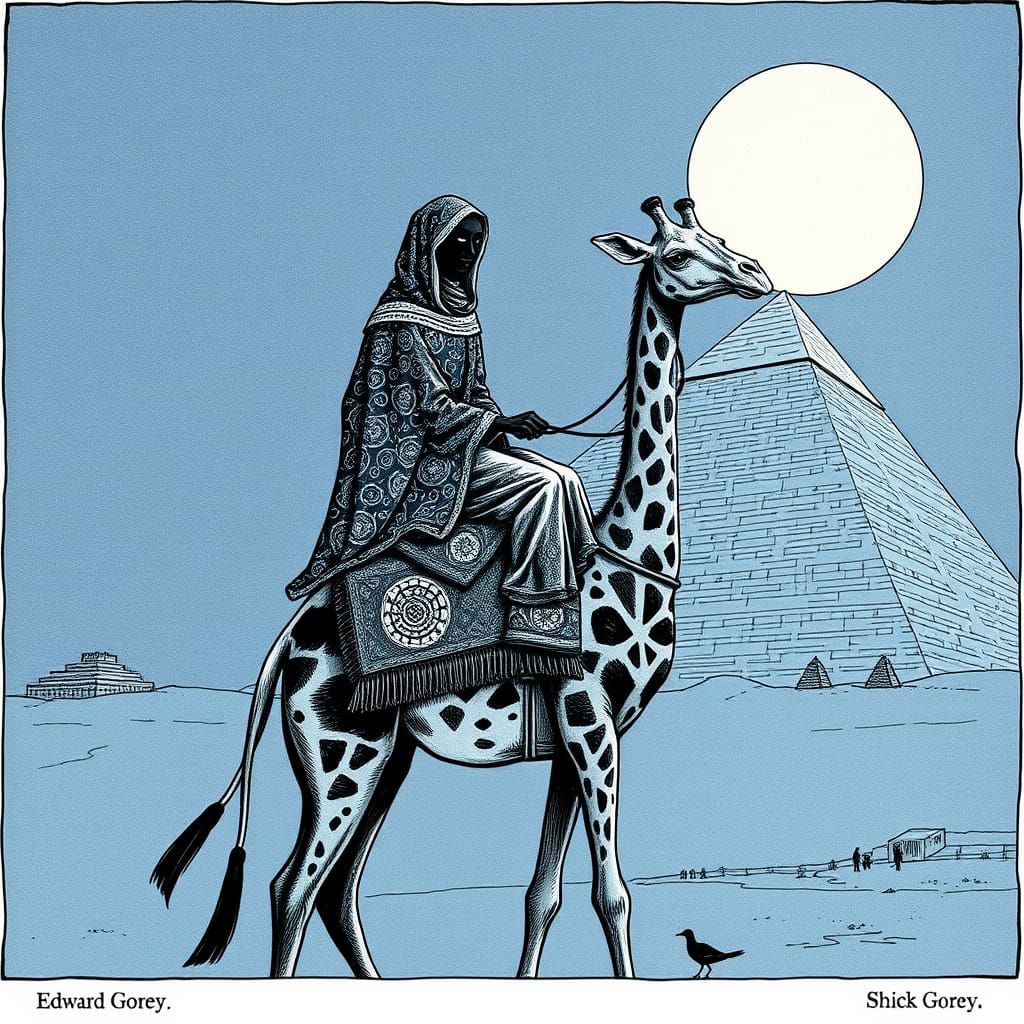 Sheik on Giraffe: Edward Gorey-Style Illustration