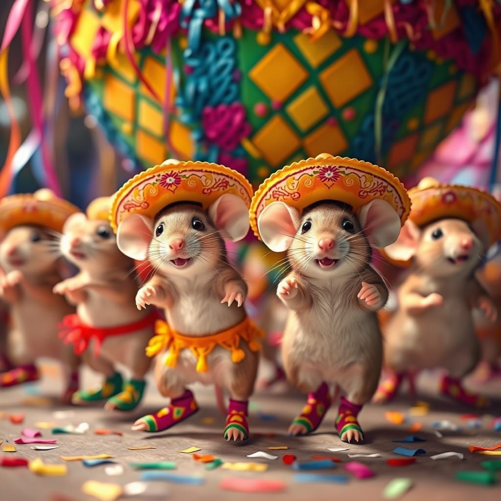 Mice Conga Line with Sombreros in Pop Art Style