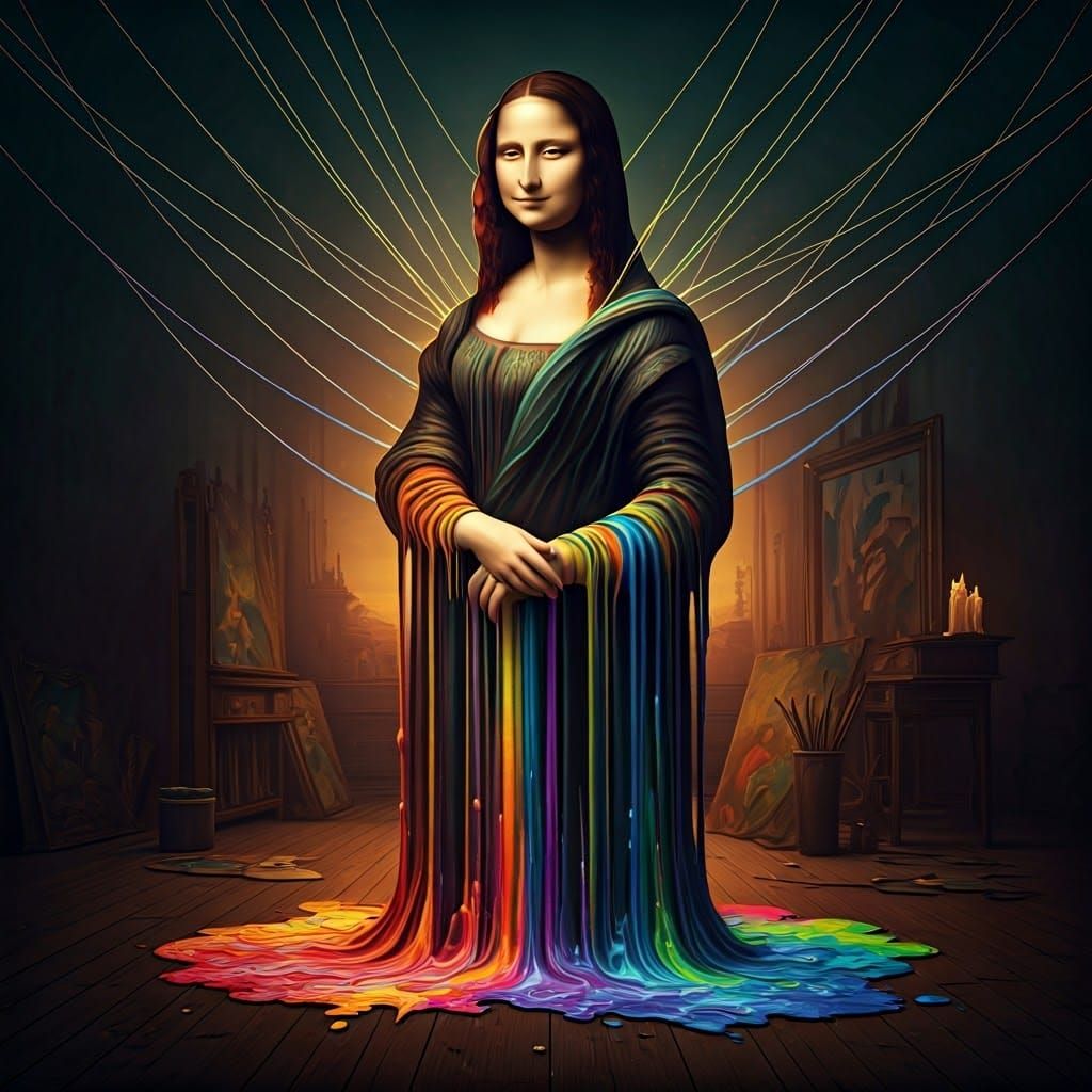A surreal and hyper-detailed cinematic scene of a character Mona Lisa emerging from a painted canvas, transforming from ...