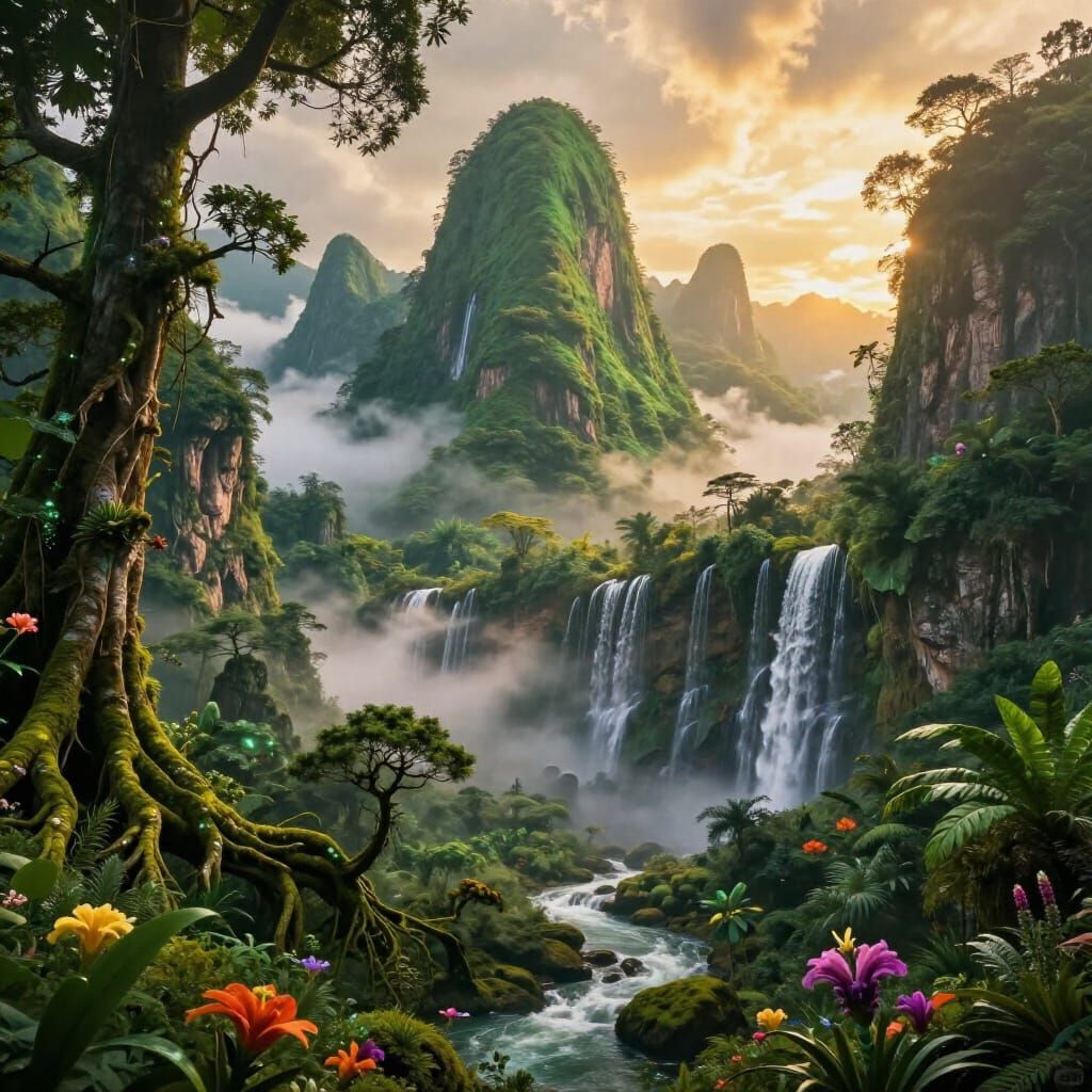 Mystical Tropical Mountain Landscape with Waterfalls