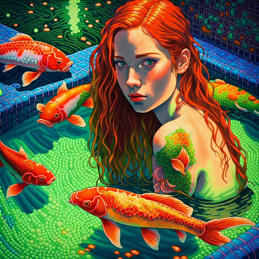 Cyberpunk Onsen Girl in Pointillism Style