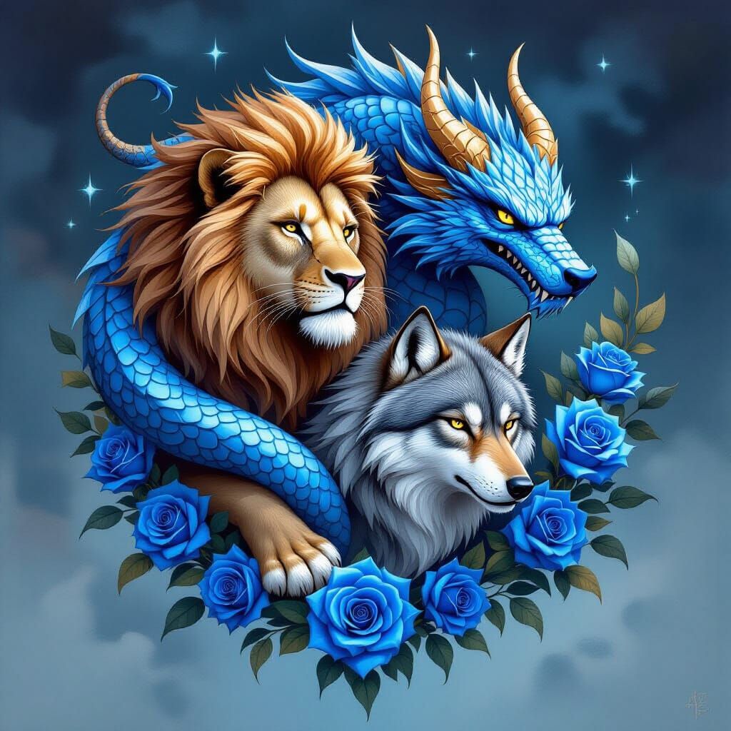 Leo and Aries Zodiac Symbols with Dragon and Wolf in Dark Fa...