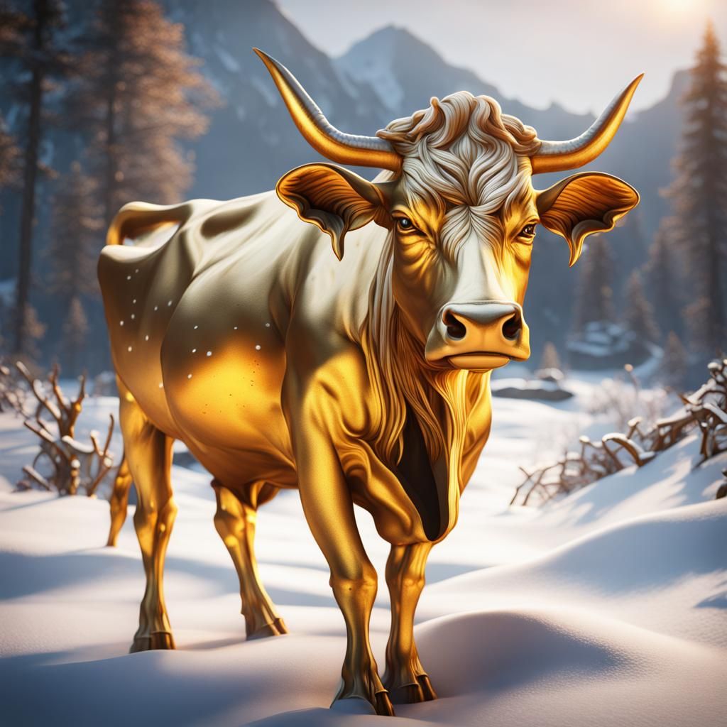 Golden Cow in Snow: Detailed Matte Painting