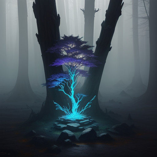 Glowing Enchanted Stone in Ancient Fog-Shrouded Forest