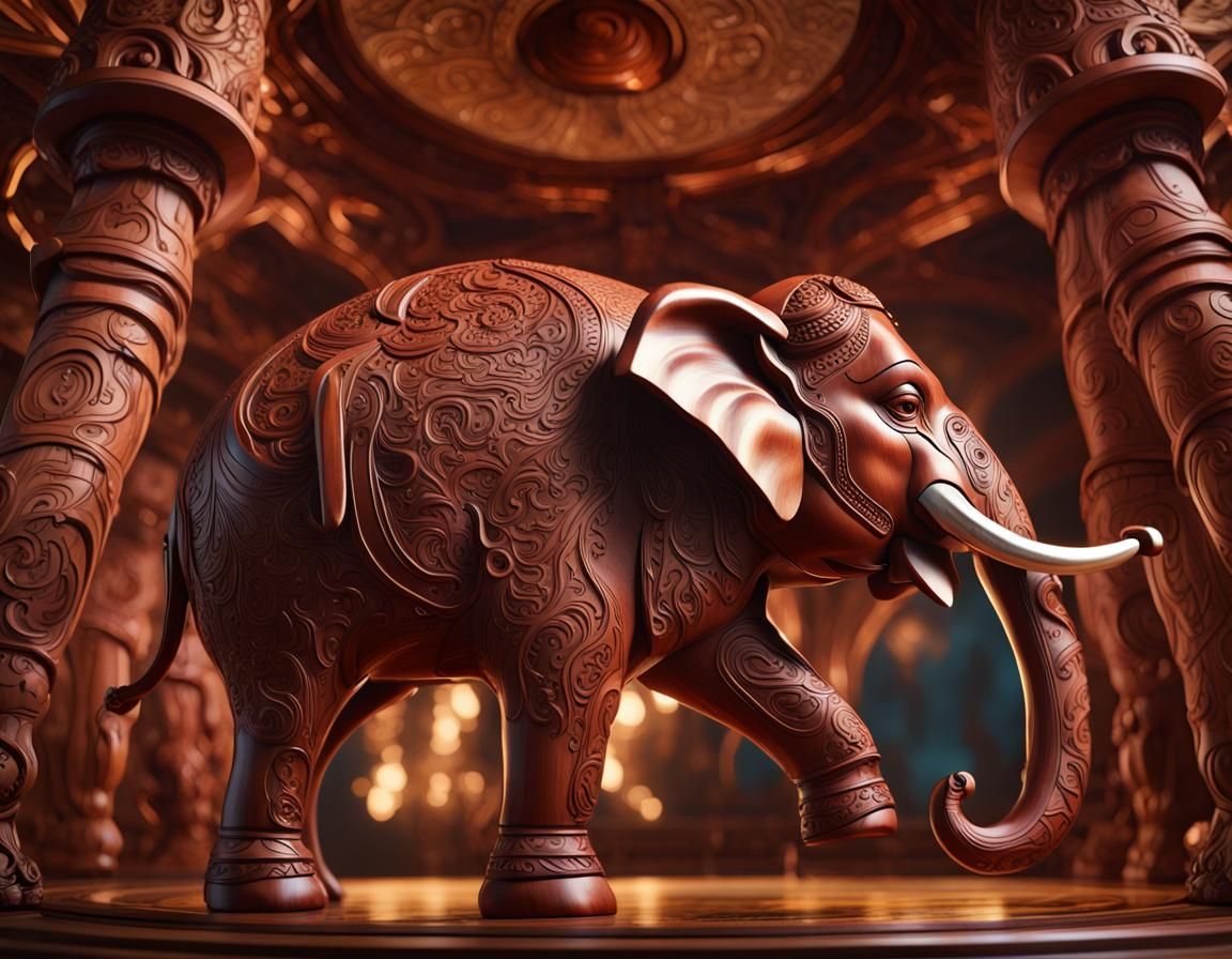 An intricate" cherry wood carving" of an elephant throwing a...
