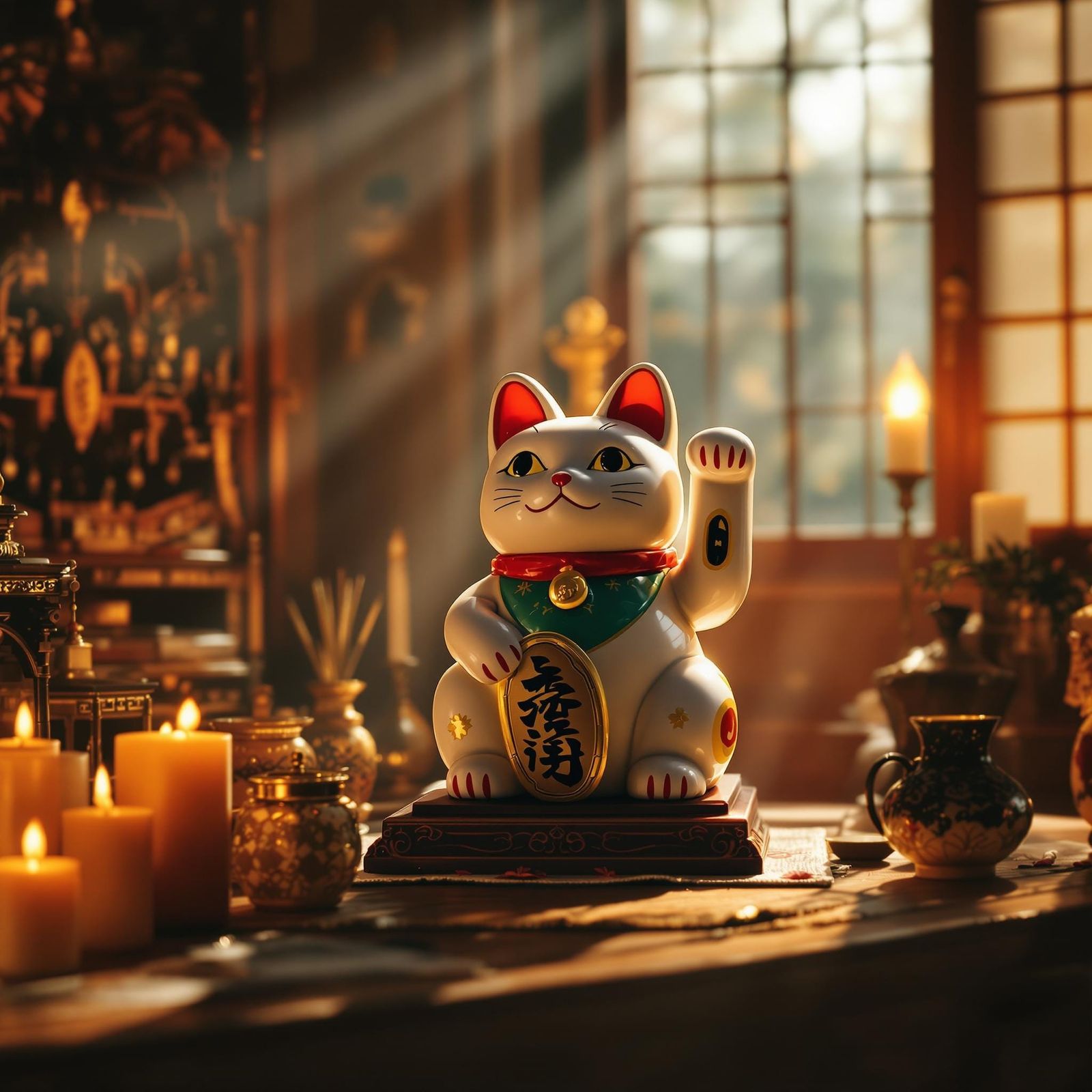 Ethereal Maneki-Neko in Traditional Japanese Altar Setting