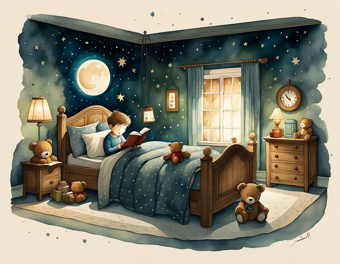 Boy and Teddy Bear Reading: Whimsical Watercolor Illustratio...