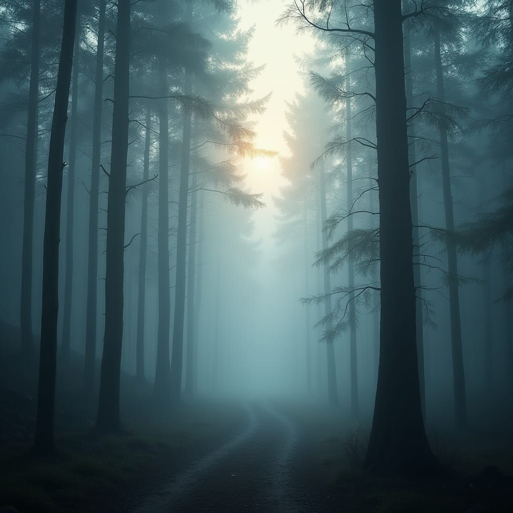 Mysterious Foggy Forest Path at Dawn