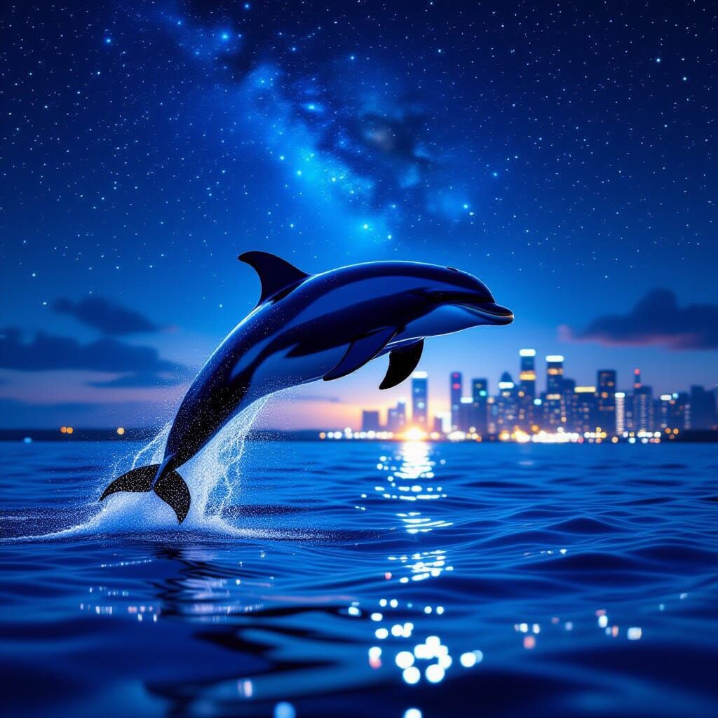 Dolphin Leaping from Bioluminescent Ocean Near Futuristic Ci...