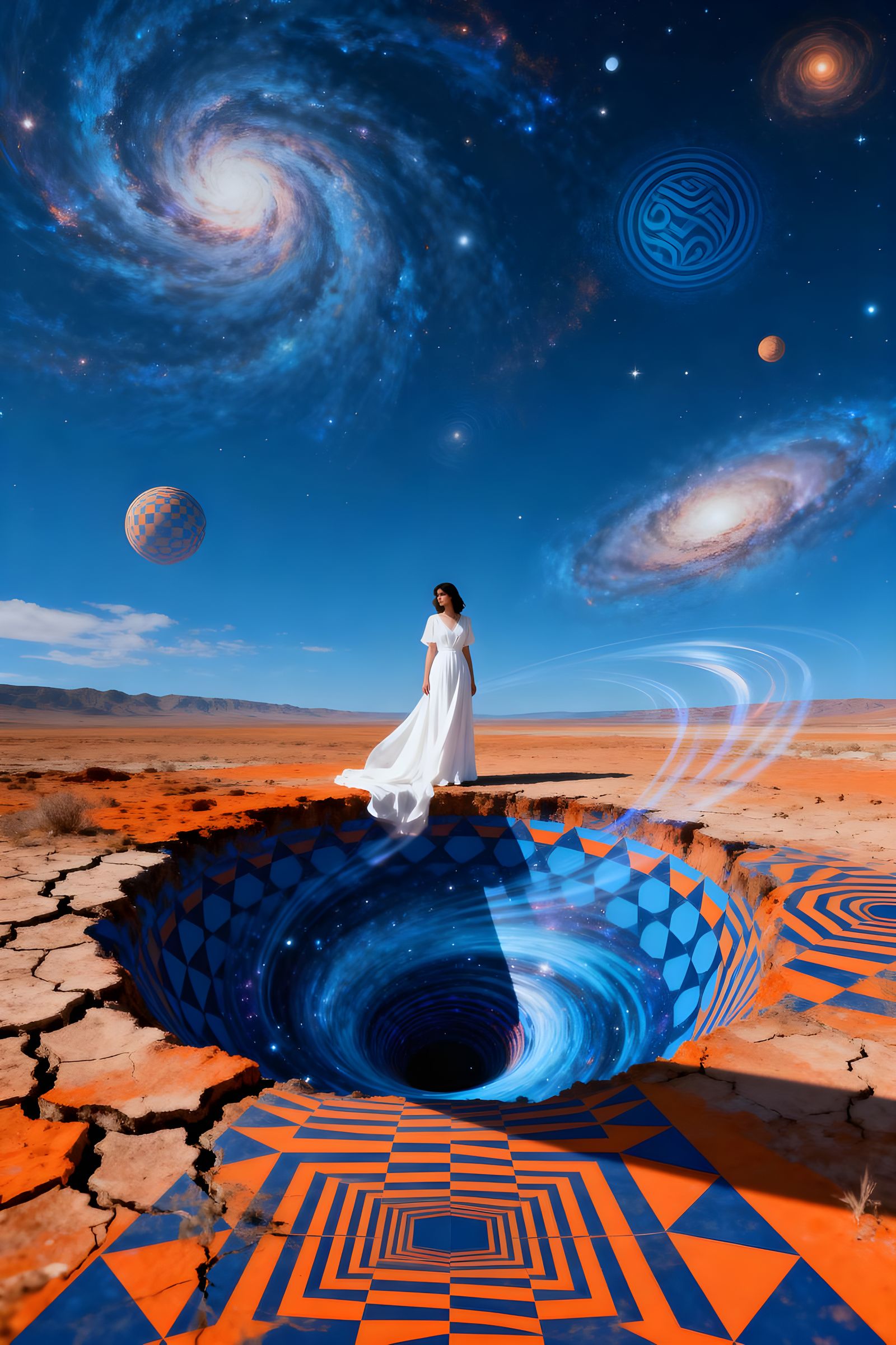Woman Contemplates Cosmic Vortex in Op-Art Style