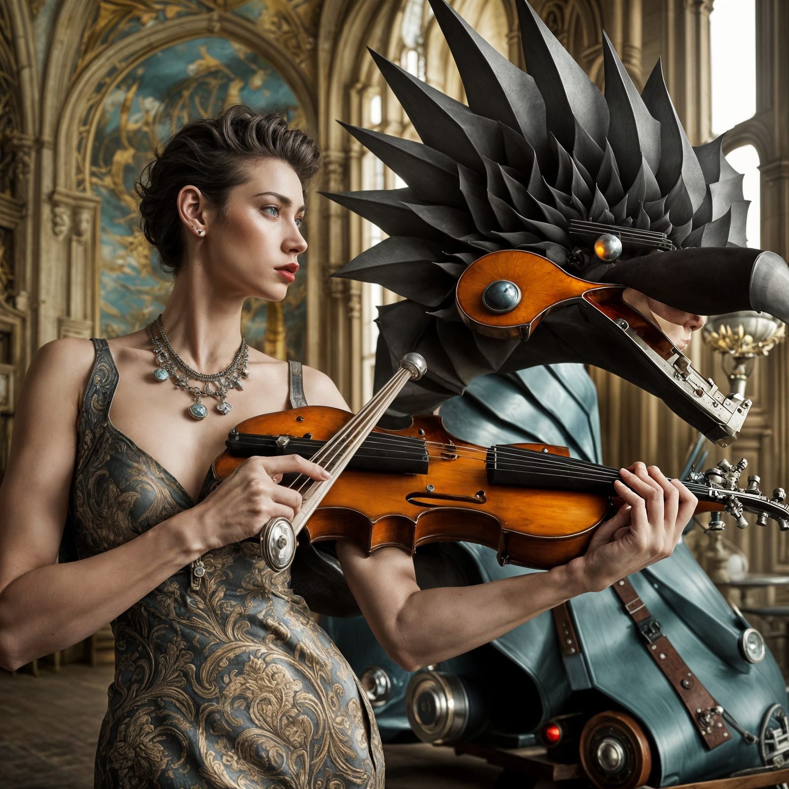 Surreal Robotic Dragon's Violin Meal in Dreamy Style