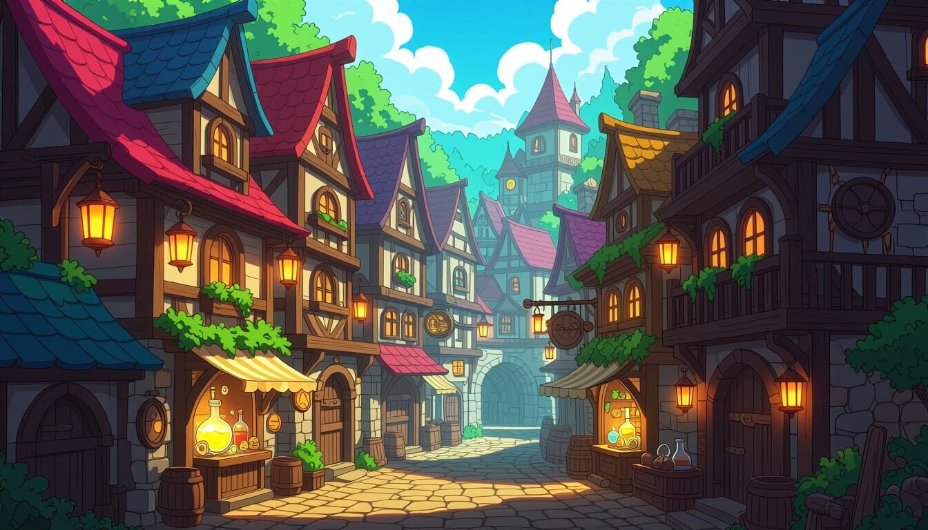 Anime RPG Town with Glowing Lanterns and Shops