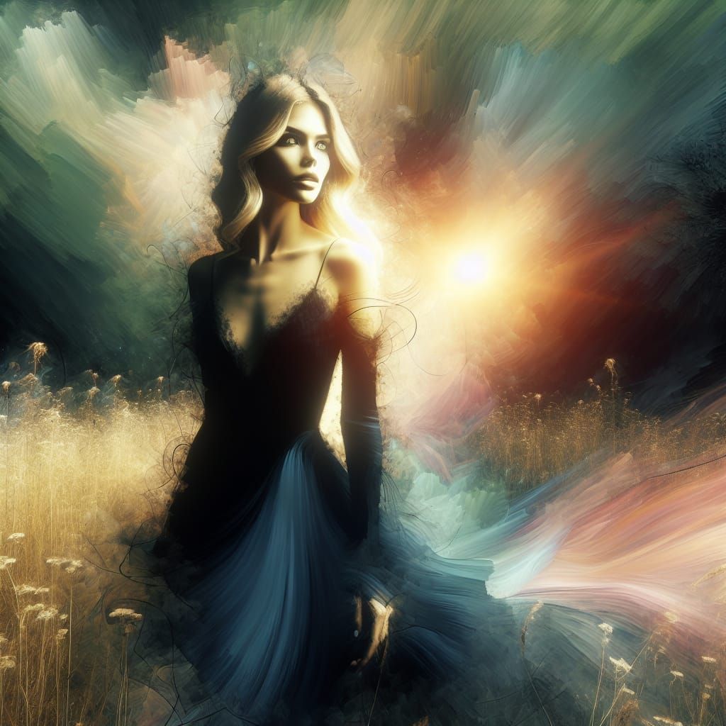 Elegantly Composed Woman in Meadow, Fantasy Art