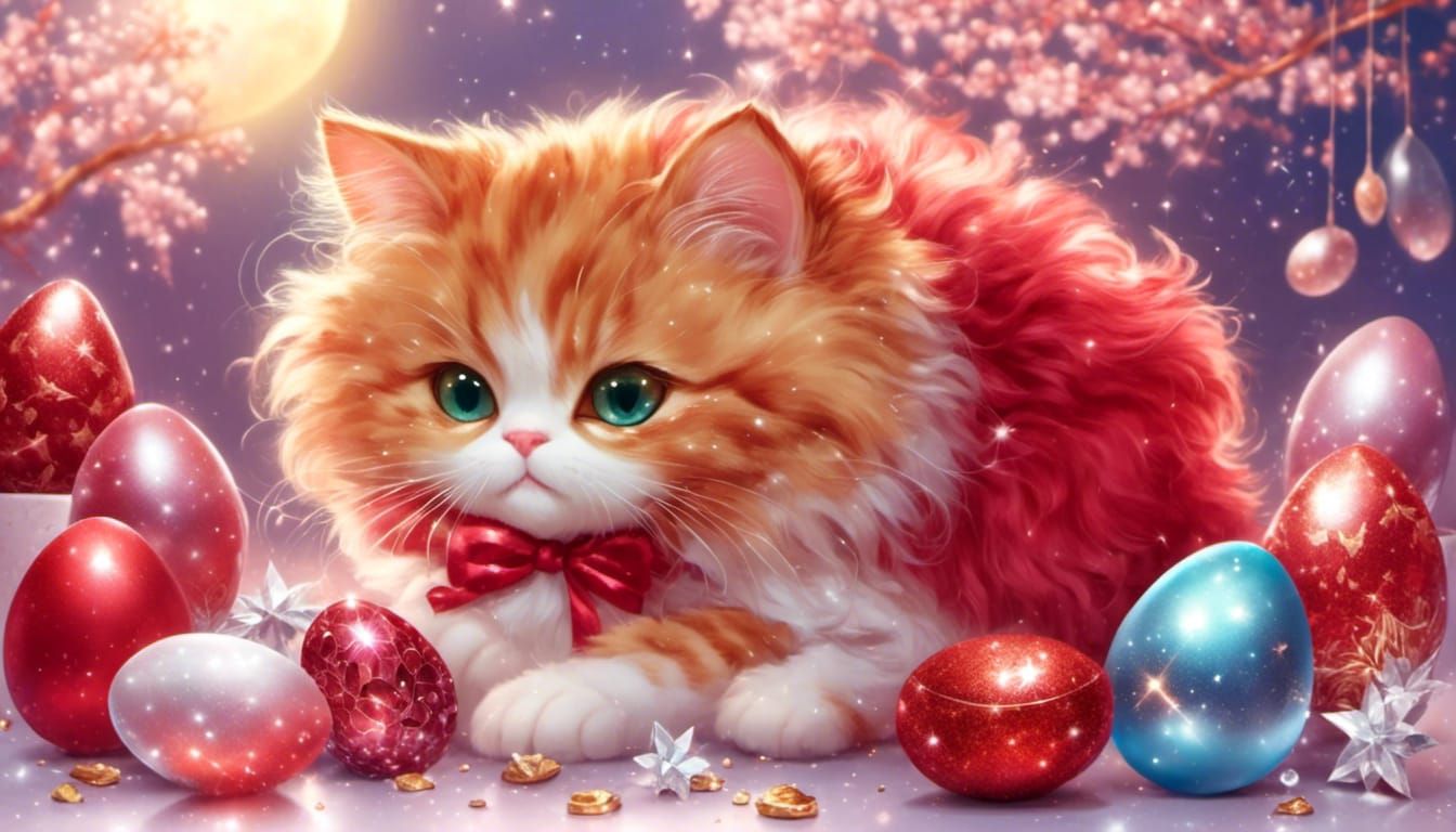 <lora:Glitter and Diamonds:1.0> <lora:eye:1.0> adorable fluffy red cat ,chibi cat sitting on a gold bench,red easter egg...