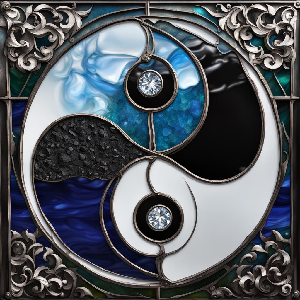 Stained Glass Yin Yang with Crystals and Coal