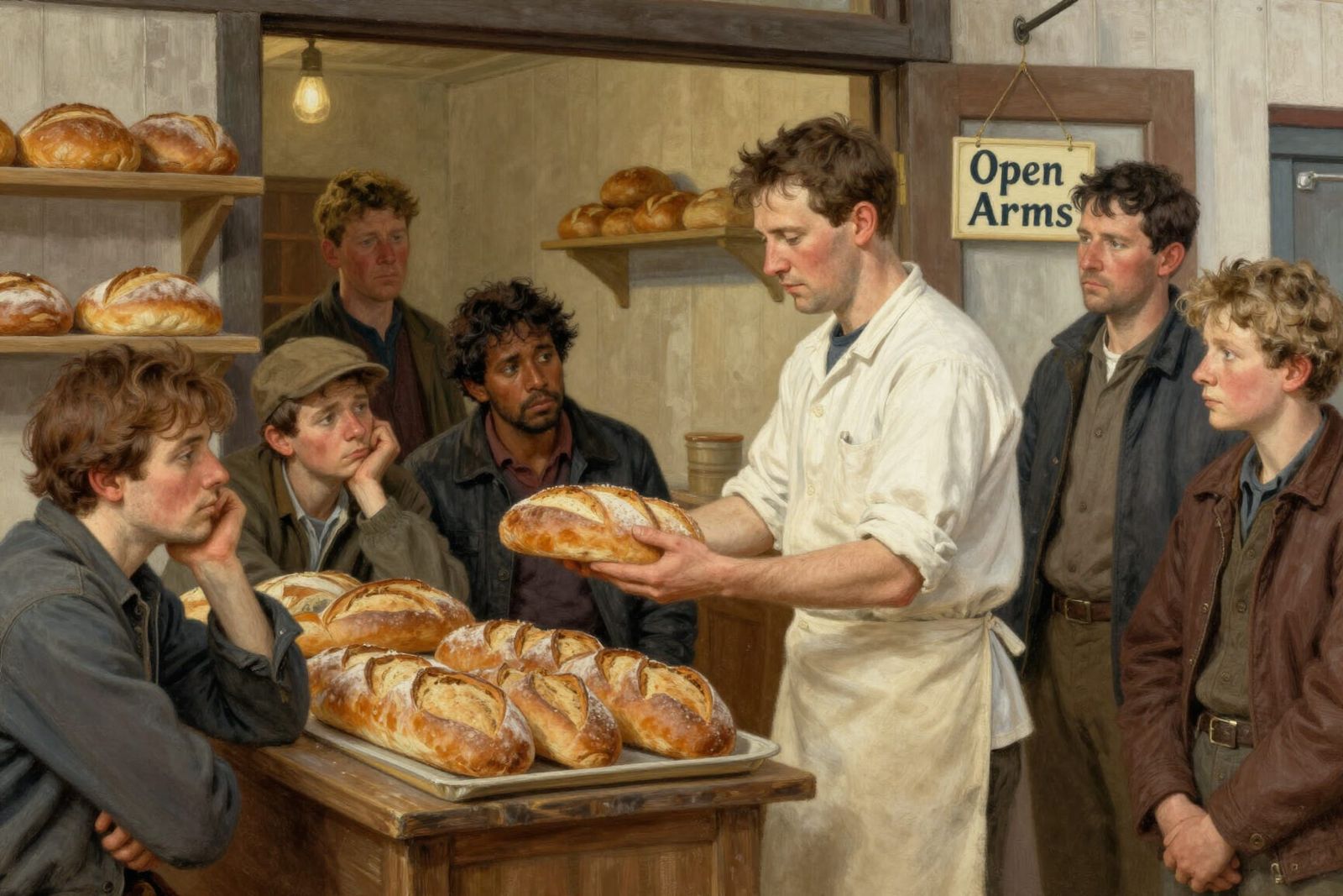 Baker Shares Bread With Travelers in Norman Rockwell Style