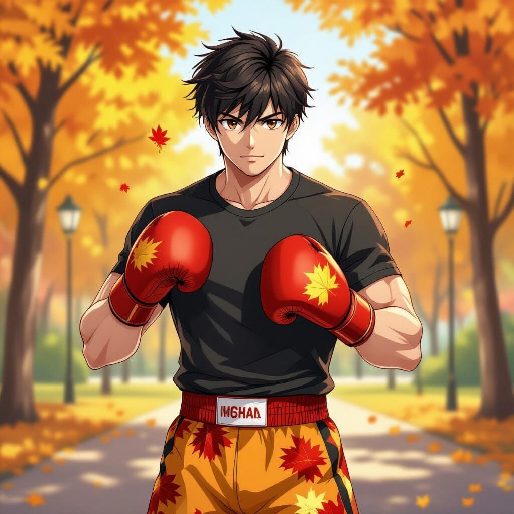 Anime Boxer Trains in Autumn Park