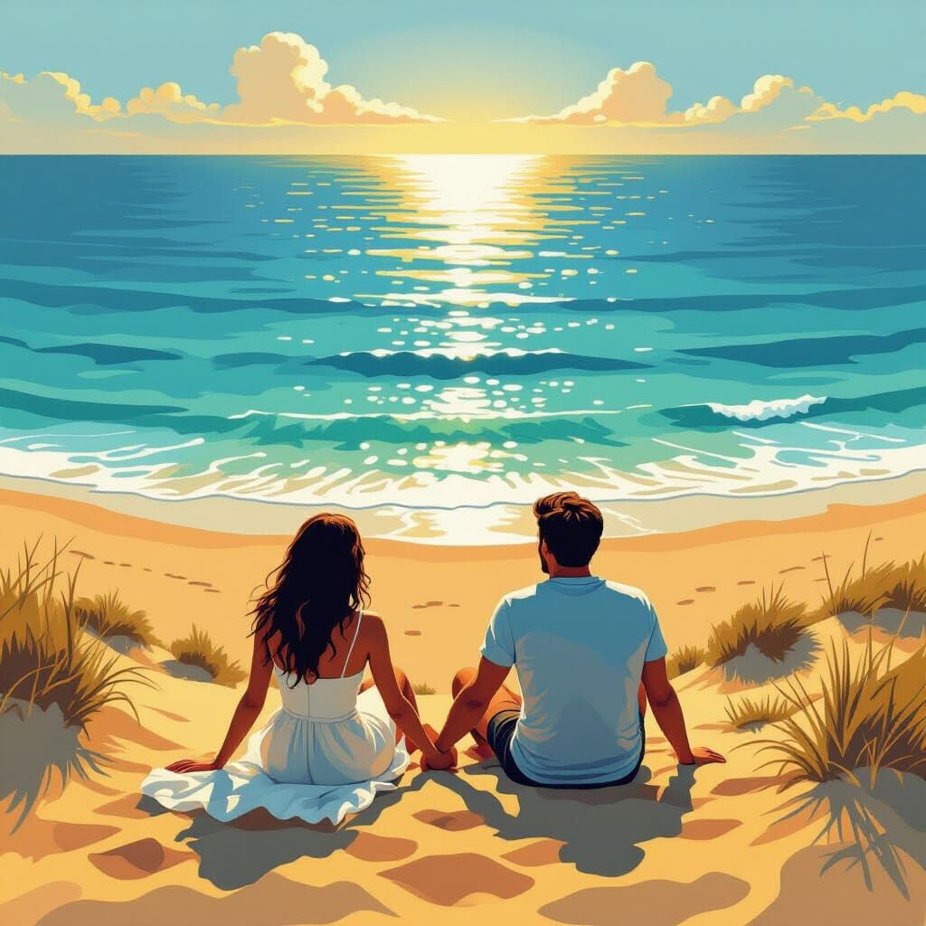 Couple on Dune, Stalenhag-Inspired Beach Scene