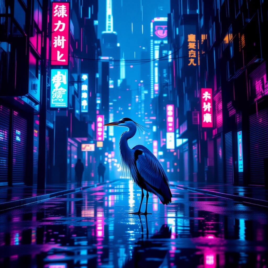 Cyberpunk Heron in Neon Alleyway