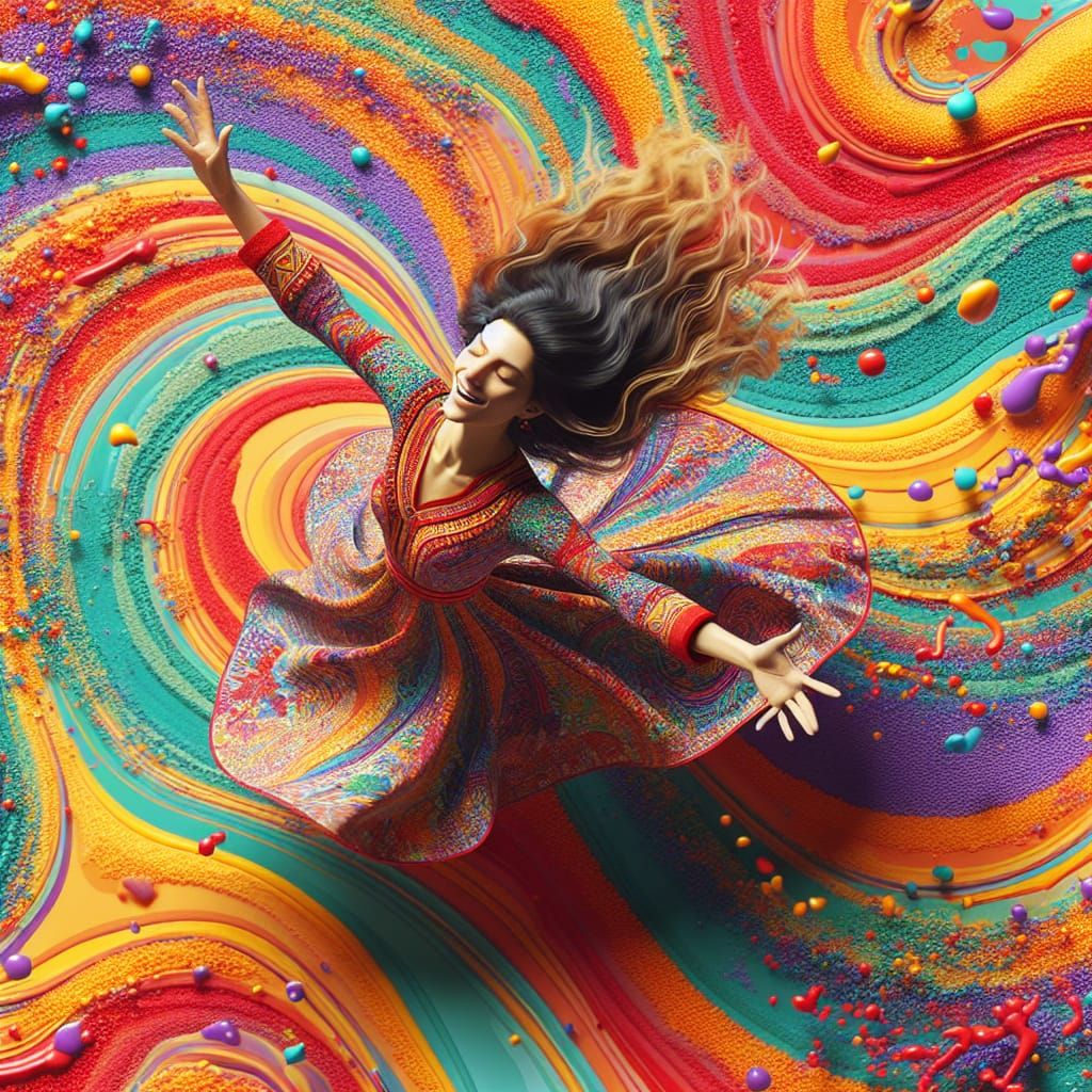 Joyful Woman Twirling in Vibrant Colors, Photorealistic 64k