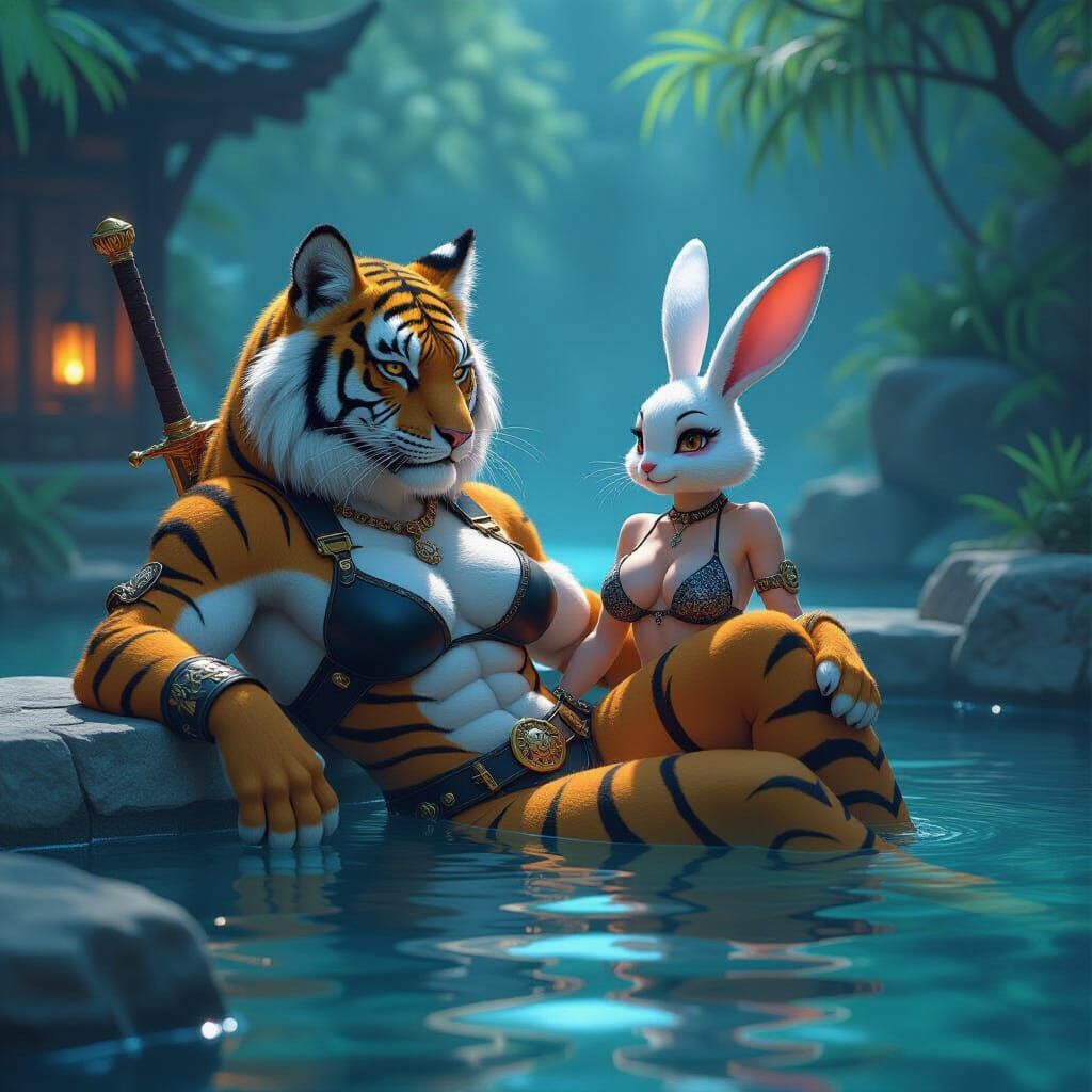 Anthropomorphic Tigress and Rabbit in Dark Fantasy Hot Sprin...
