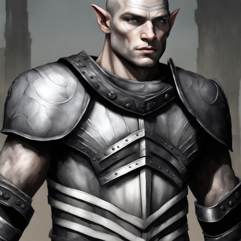 Gray-Skinned Half-Orc Warrior in Leather Armor