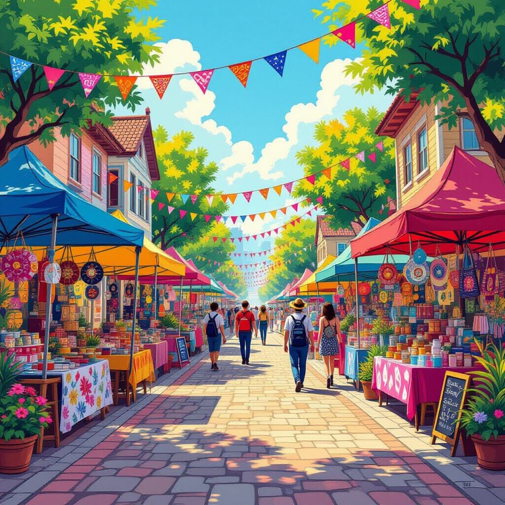 Vibrant Festival Scene with Whimsical Market Stalls