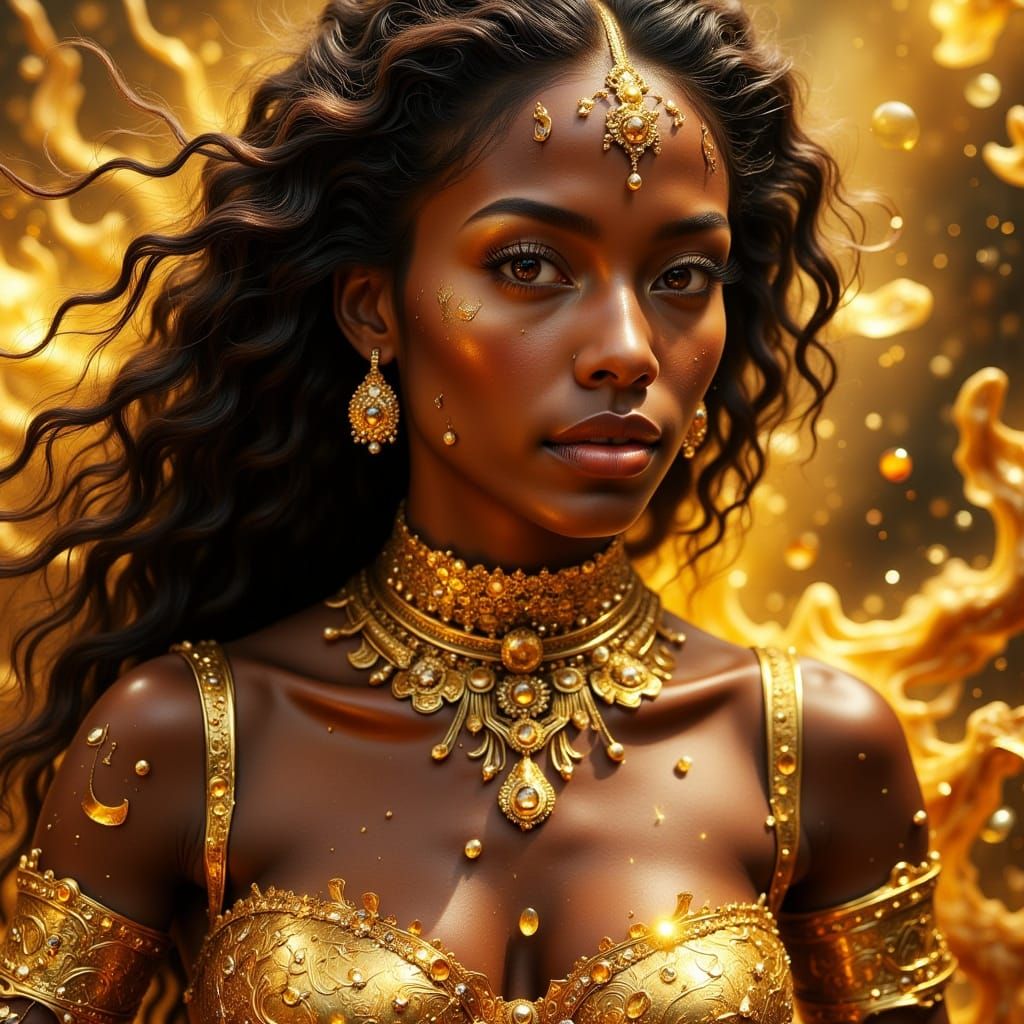 Golden Goddess with Exotic Features in Hyperrealism
