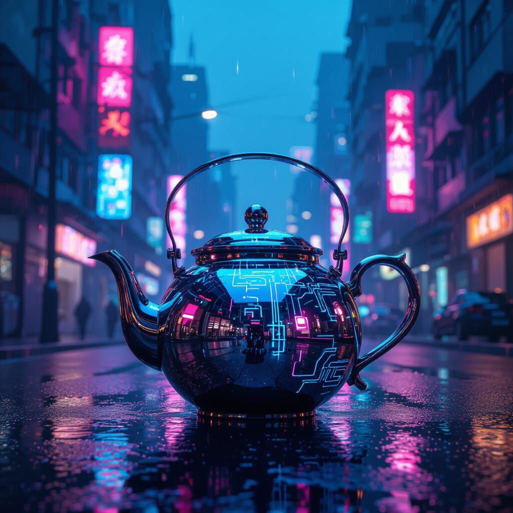 Gleaming Cyberpunk Teapot with Neon Circuitry