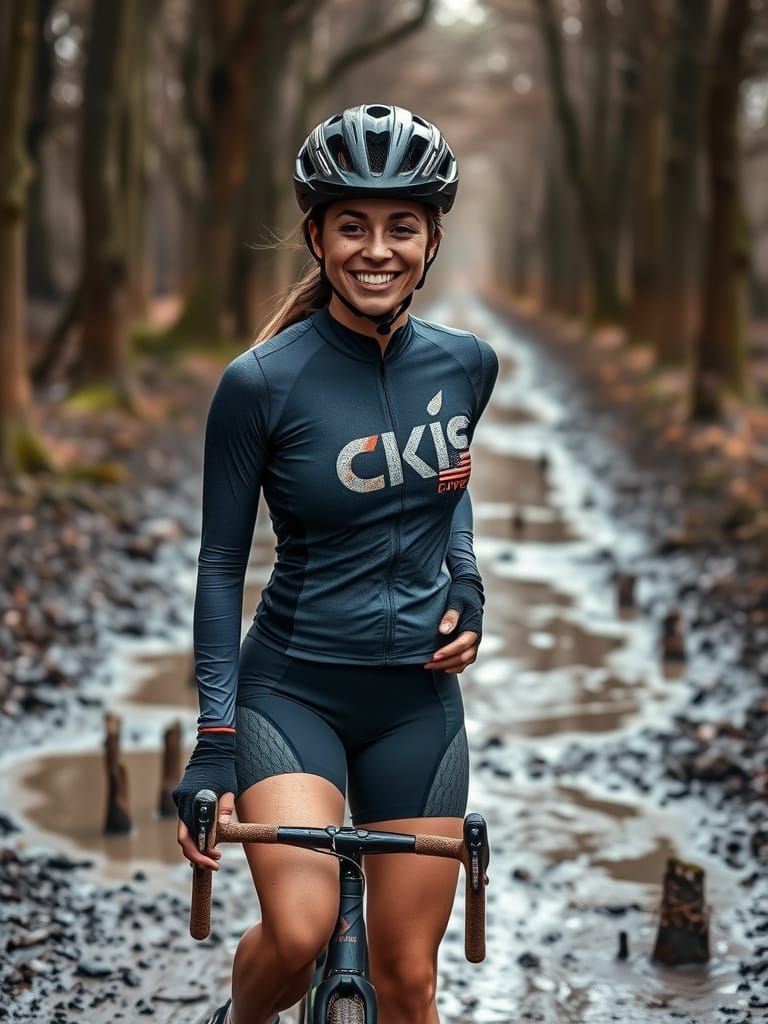 Muddy Cyclist Smiles on Forest Path