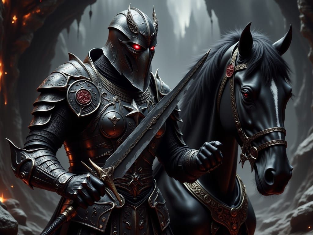 Black Knight and Obsidian Horse Beside Dragon's Cave