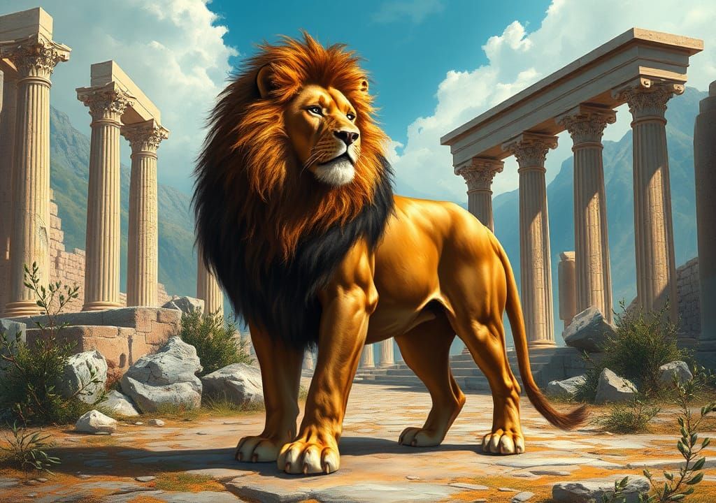 Lion in Ancient Greek Ruins, Fantasy Illustration