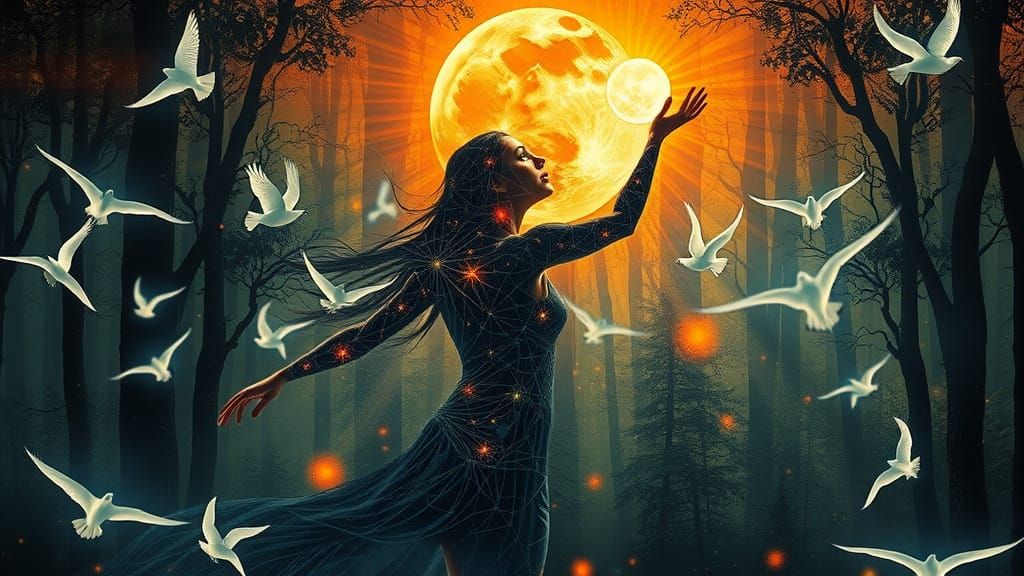 Cosmic Transhumanist Woman with Sun and Moon