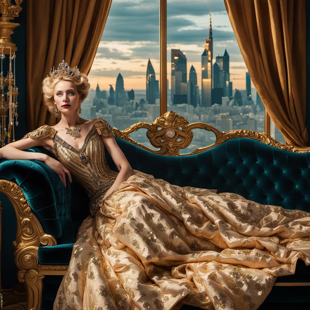 Opulent Interior with Russian Queen, Klimt-Inspired Art