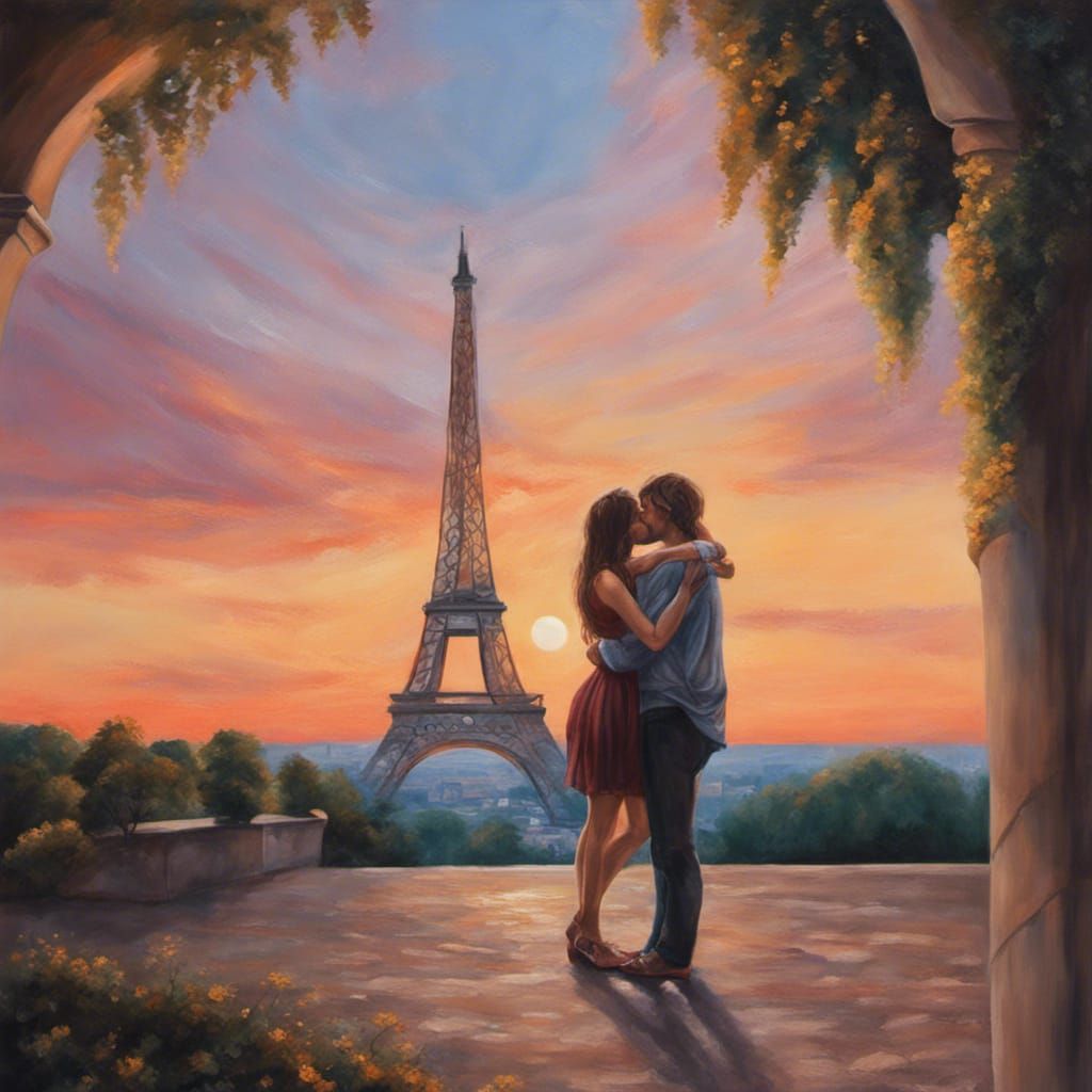 Romeo and Juliet Kissing in Paris: Acrylic Painting