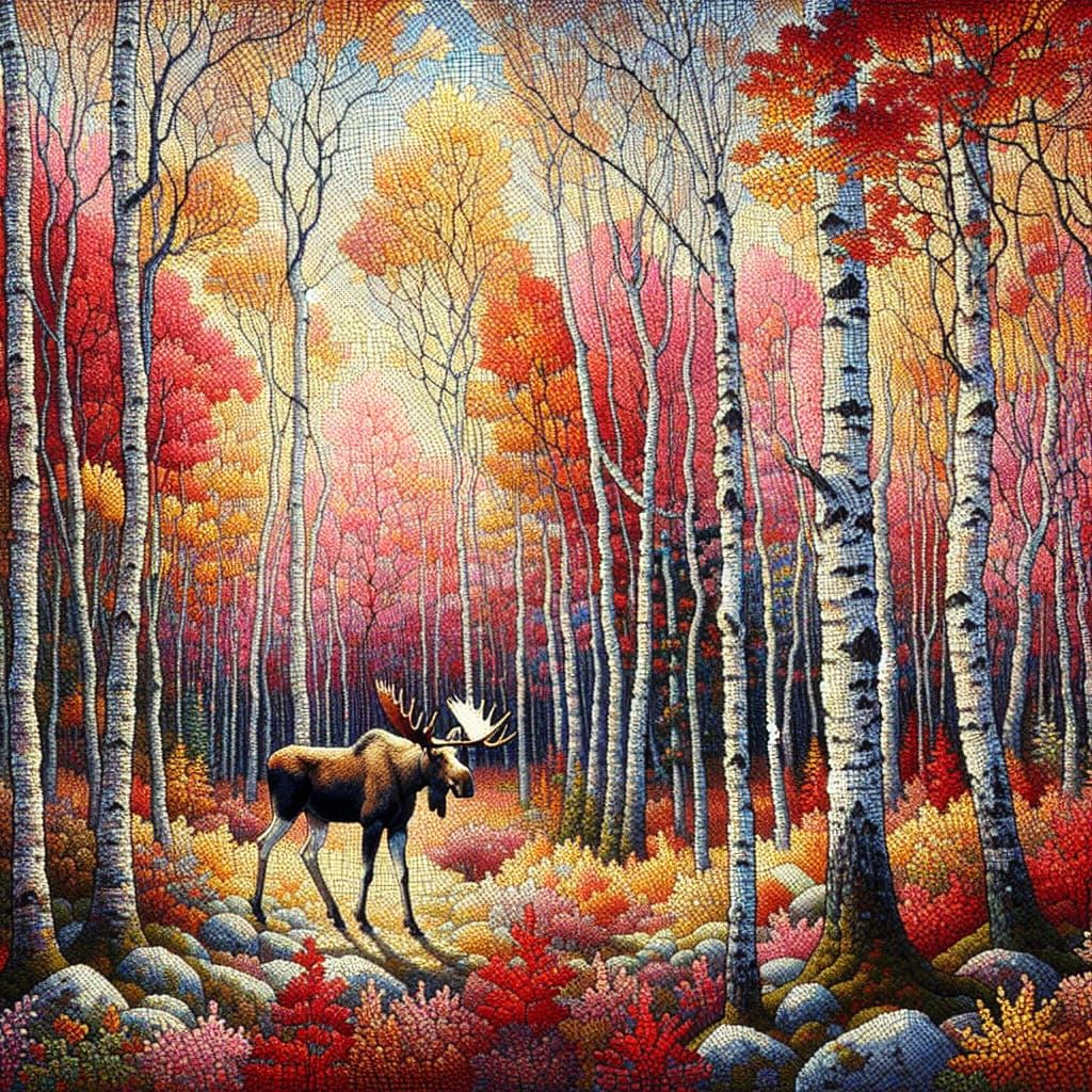 Autumnal Moose in Birch Forest, Post-Impressionist Oil Paint...