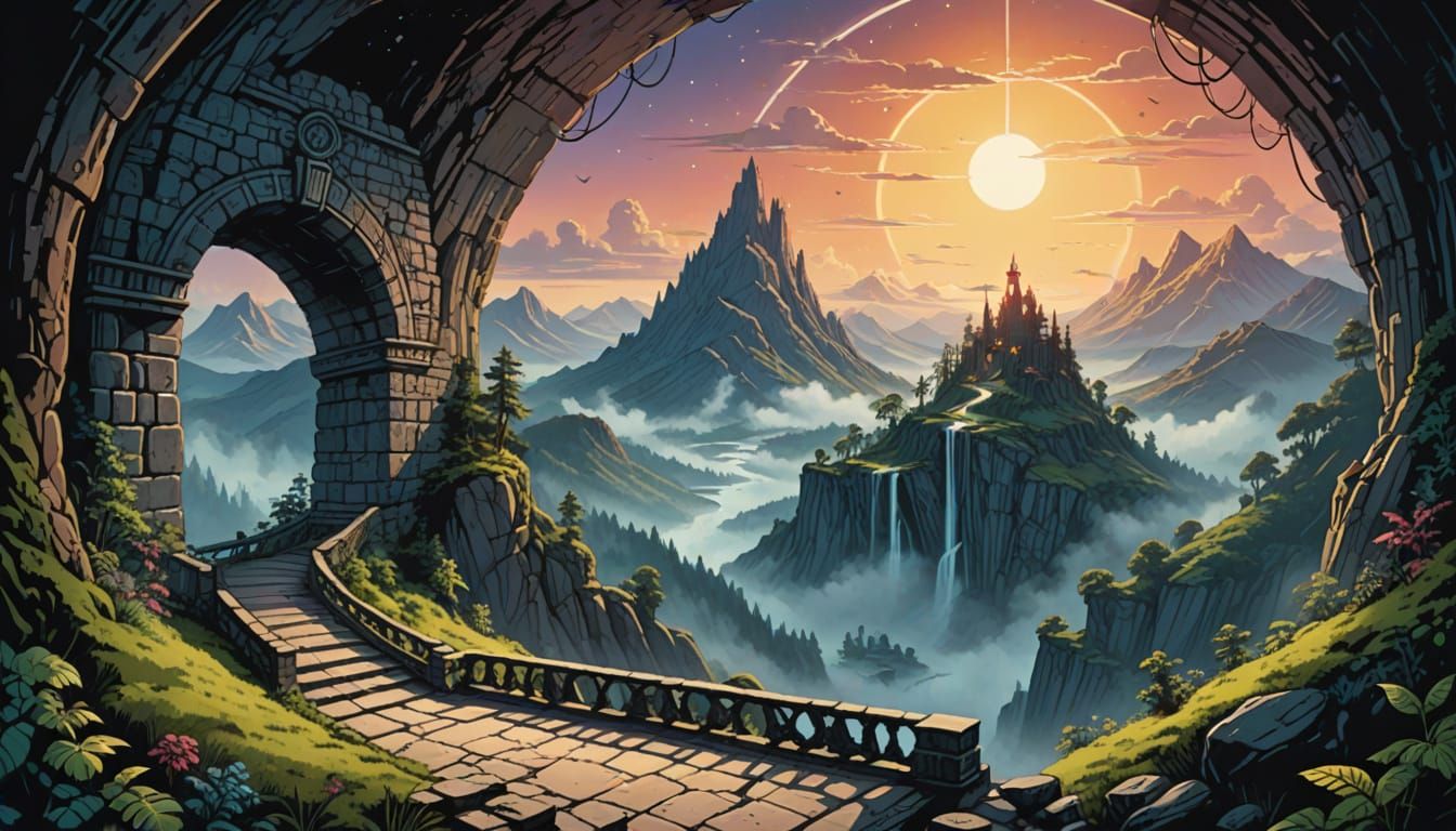 Mystical Mountaintop Dungeon Entrance in Retro Fantasy Style