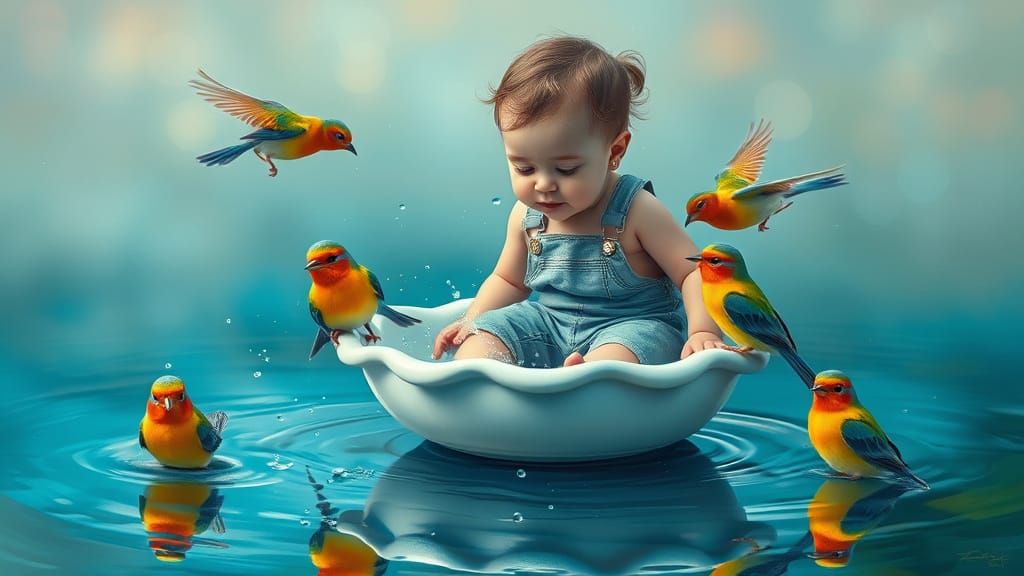 Baby Girl's Birdbath: Hyperdynamic Oil Painting