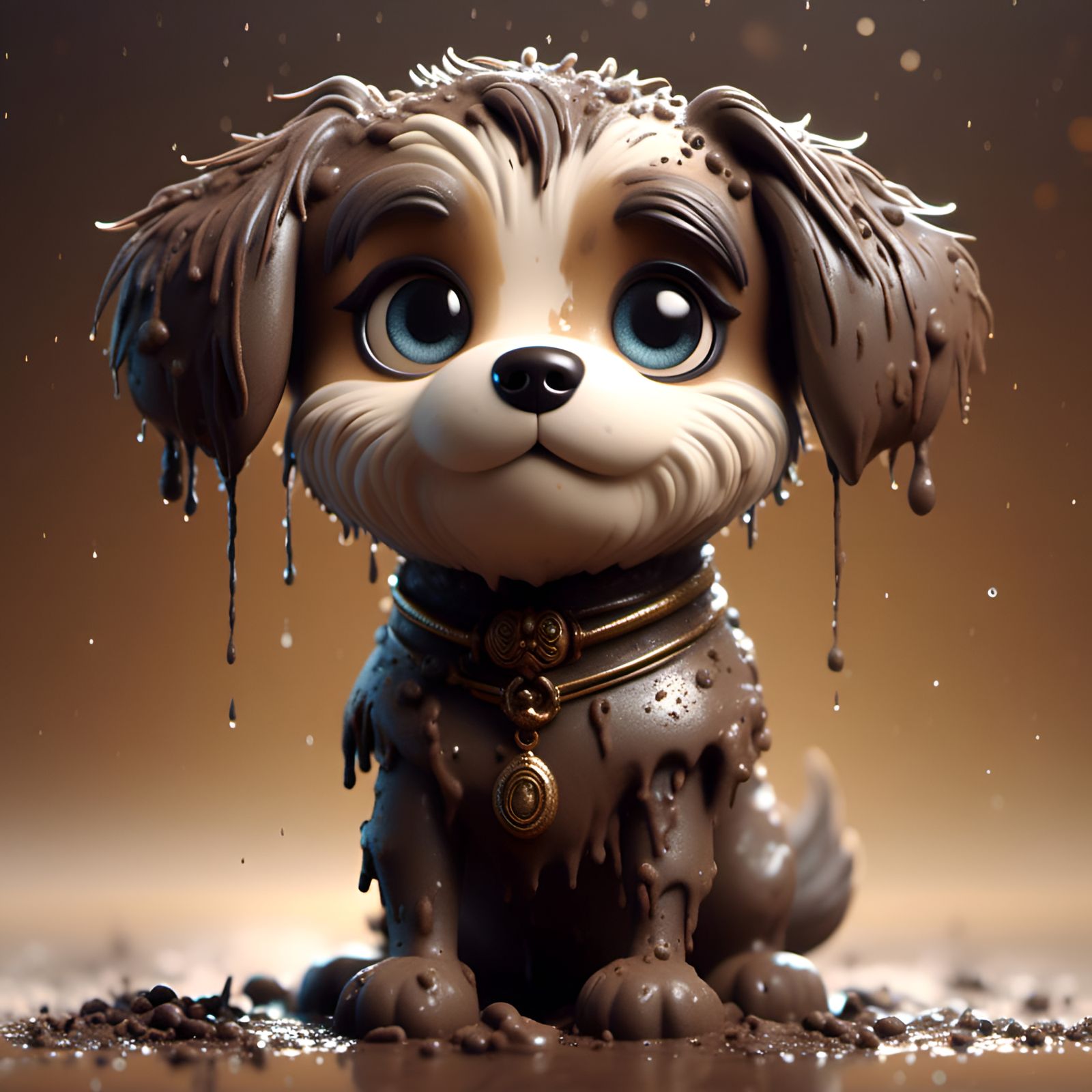 Adorable Mud-Covered Anthropomorphic Dog in Chibi Style