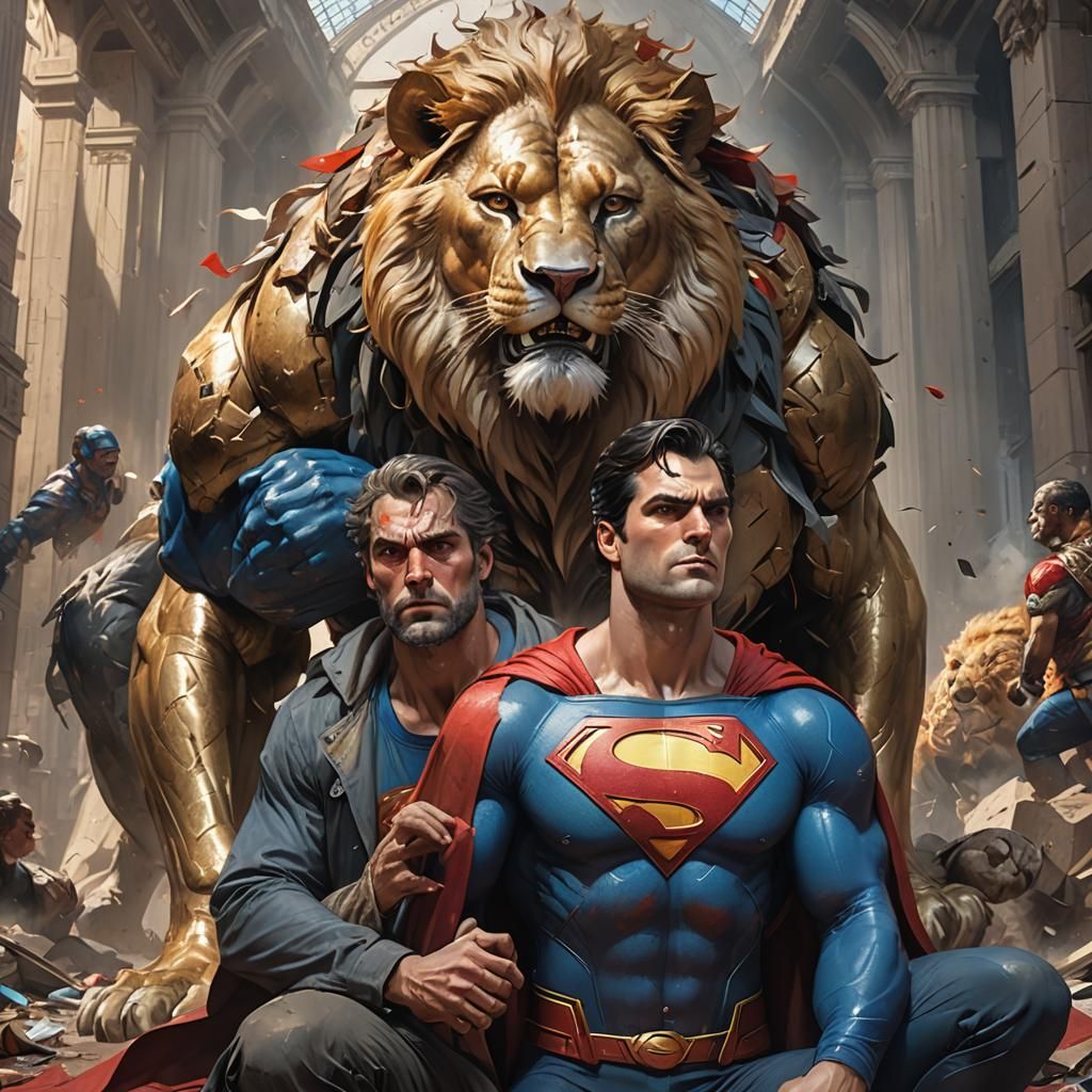 Superman Helping Lion-Headed Man: Hyperdetailed Concept Art